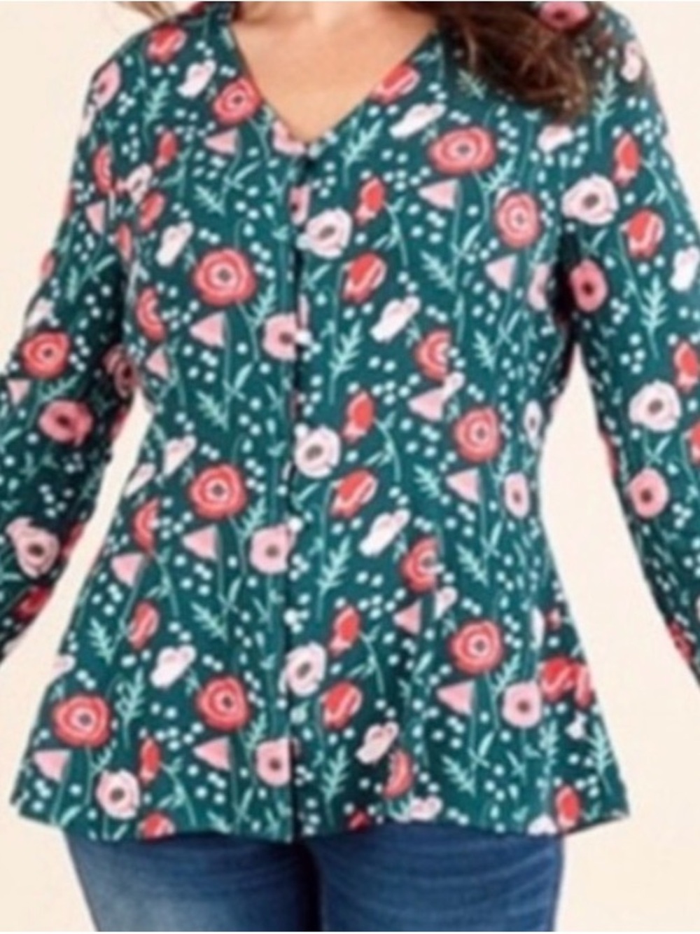 Matilda Jane Dark Teal Floral V-Neck Top with Pink Blossoms